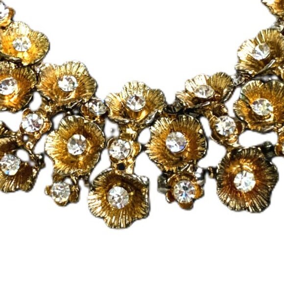 Necklace Gold Tone Floral Rhinestone Triple Stand Hollywood Glam Regency Adjusts - Picture 6 of 8